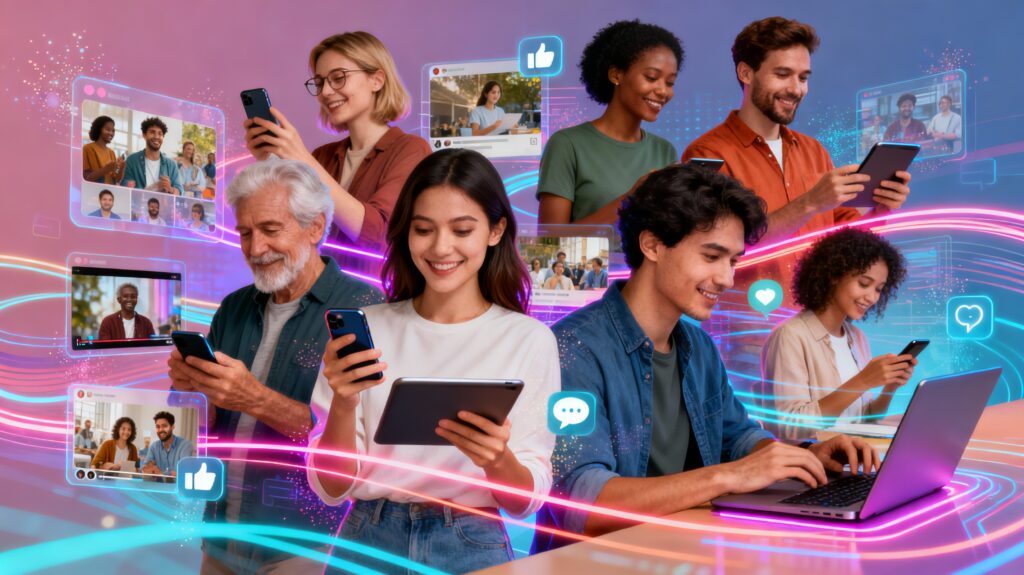 Diverse group engaging with multiple devices and online content, illustrating social media marketing services for business.