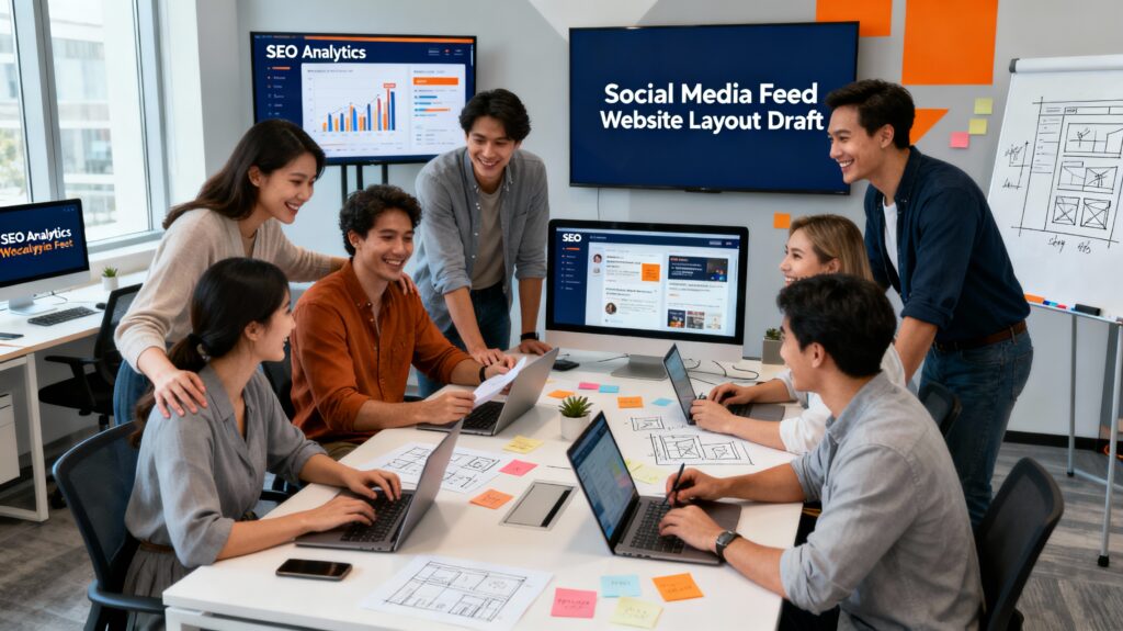 Team brainstorming and collaborating on SEO analytics and website layout drafts, representing the best SEO service providers.